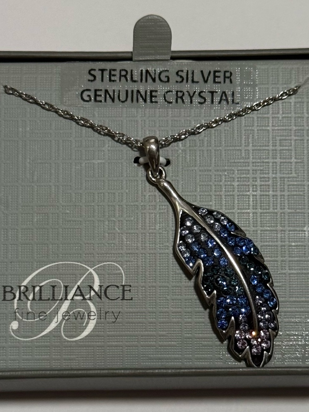 Brilliance Sterling Silver Blue Crystal Feather Pendant Necklace 18” Chain New
